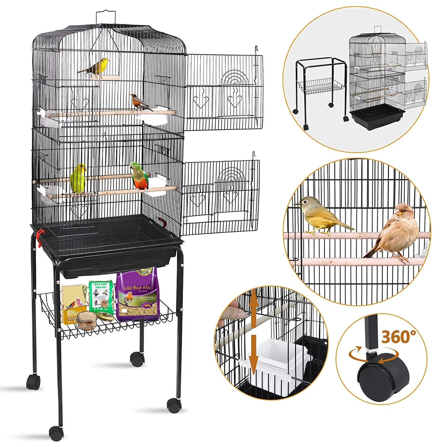 59.3'' Bird Cage with Rolling Stand Wrought Iron Birdcage Medium Pet House