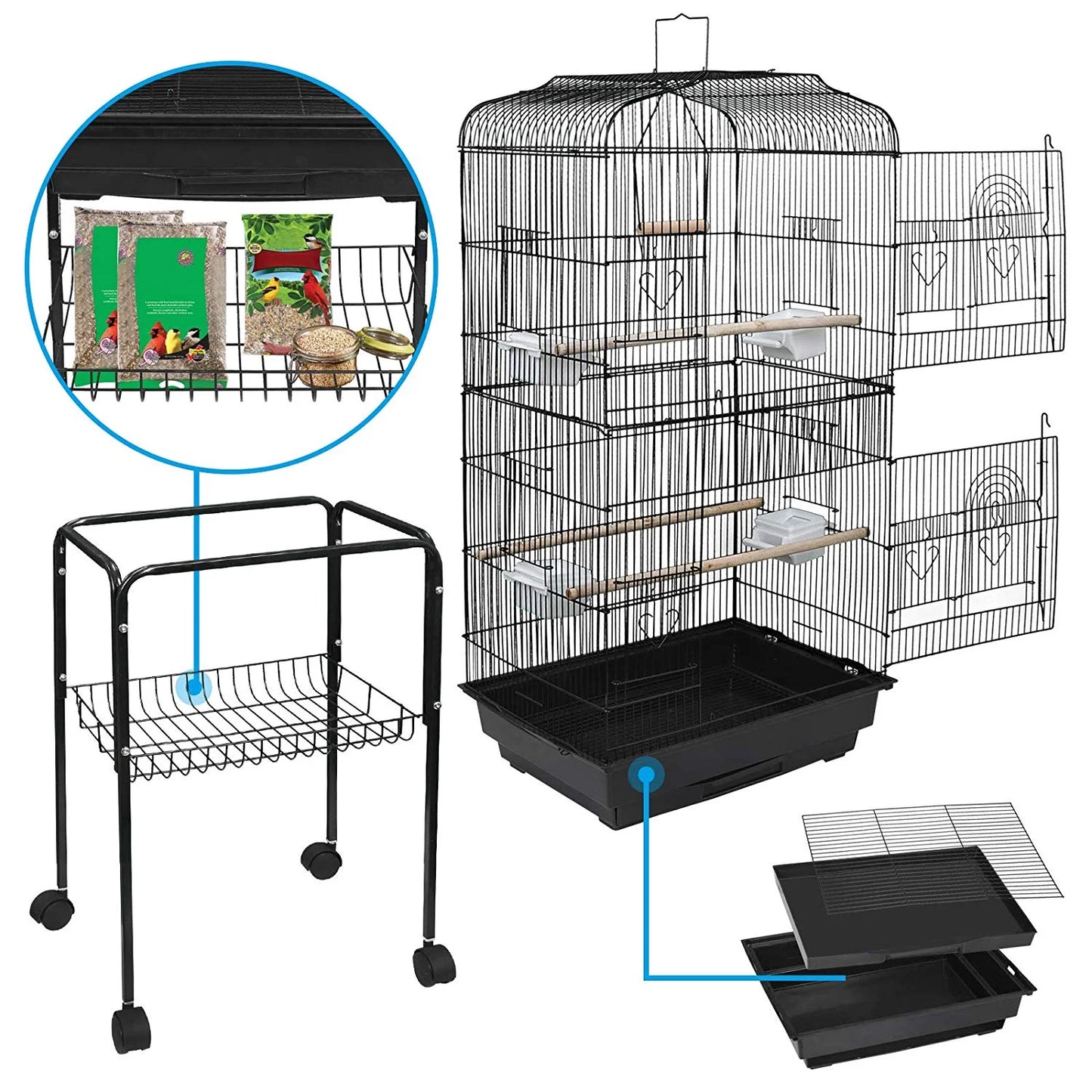 59.3'' Bird Cage with Rolling Stand Wrought Iron Birdcage Medium Pet House