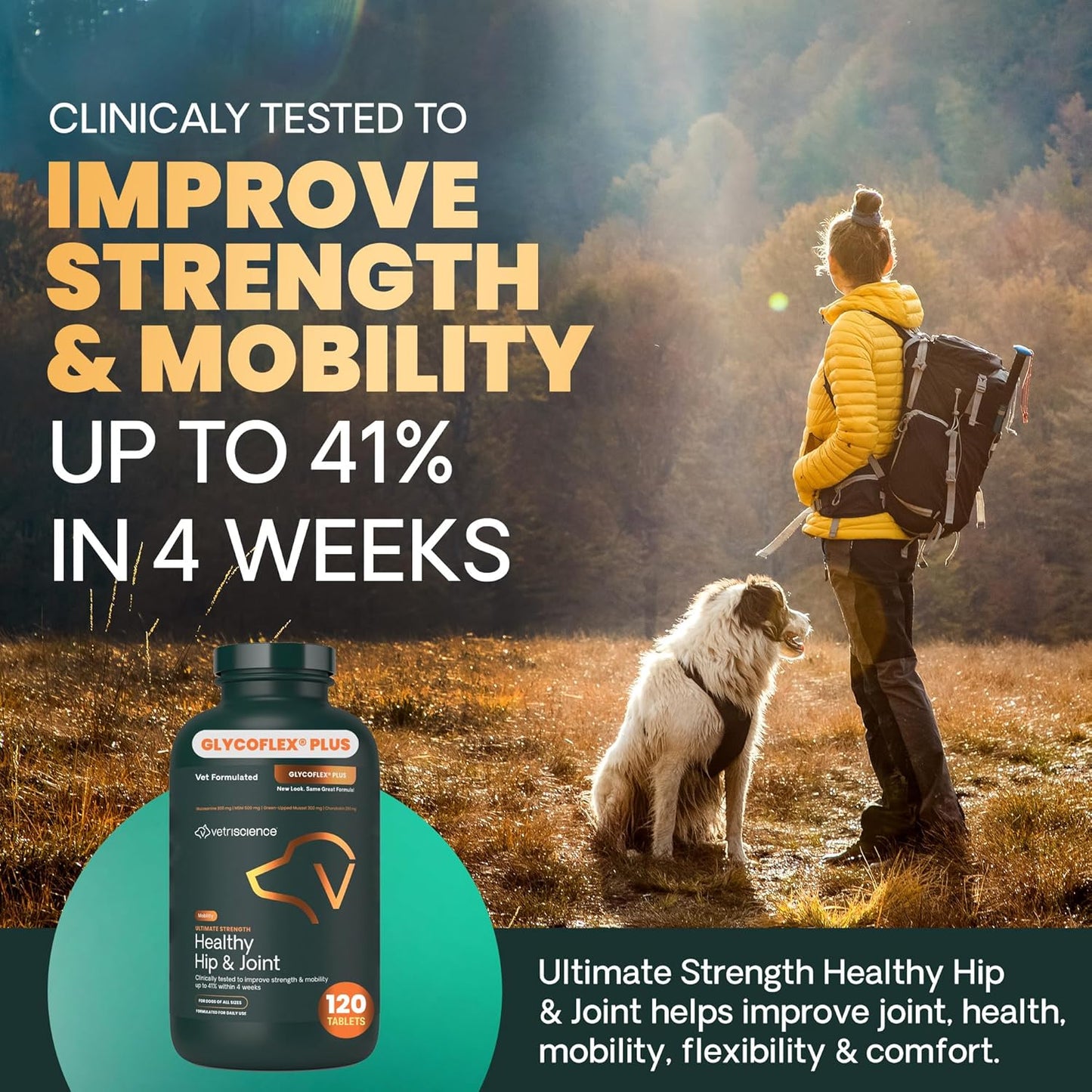 Ultimate Strength Healthy Hip & Joint Chewable Tablets, Glycoflex Glucosamine, Chondroitin and Green-Lipped Mussel Joint Supplement for Dogs, Soothe Joint Discomfort, Chicken, 120 Count