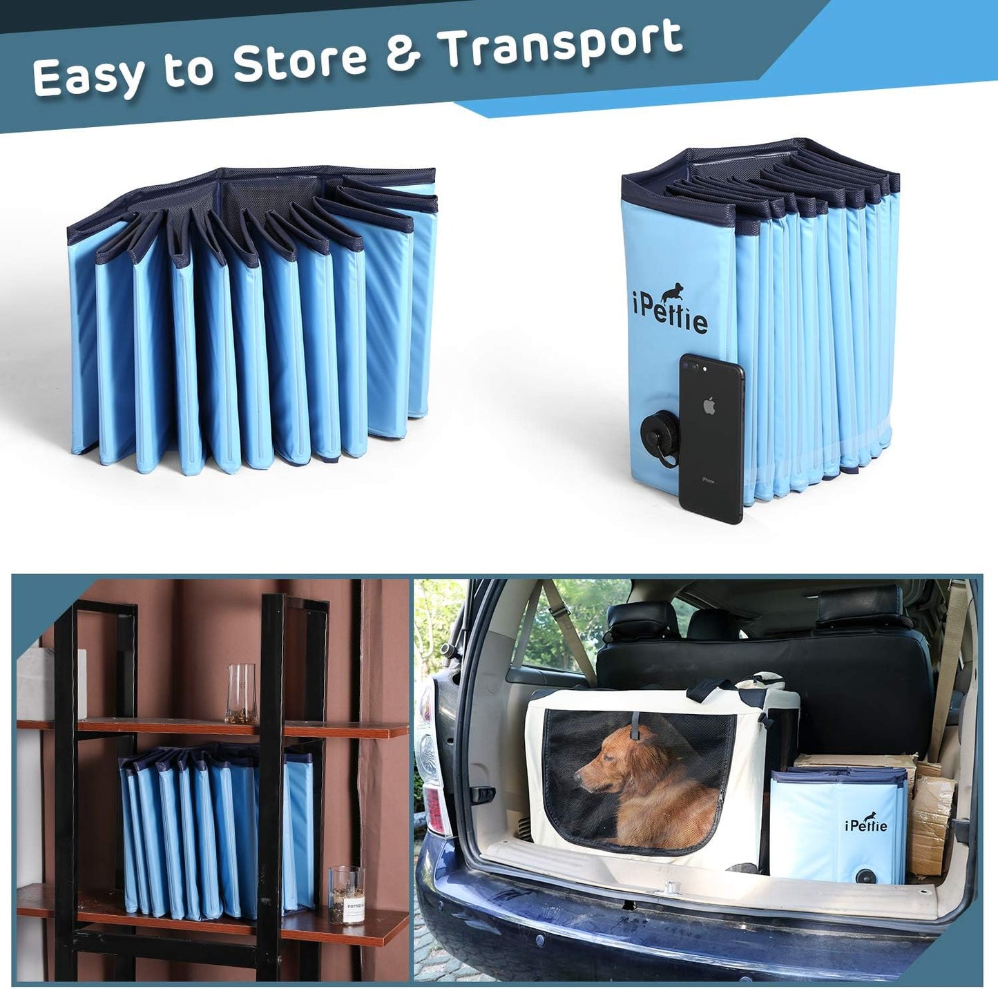 Foldable Dog Pool, Collapsible Dog Pool, Dog Swimming Pools for Large Dogs, Kiddie Pool for Dogs, Cats & Kids, Blue, Size XXL, 63" X 12"