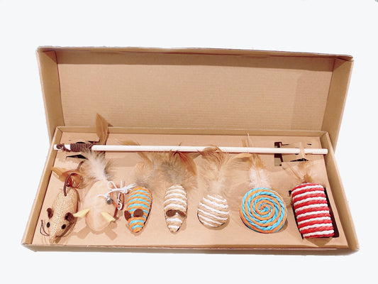 Cat Feather Toys, Cattoy for Smartycat Interactive Cat Toys, Wands Teaser and Exerciser for Cat Kitten with Mouse Toy, Bell, Feather, Elastic String, and Wood Rod, Set of 7.