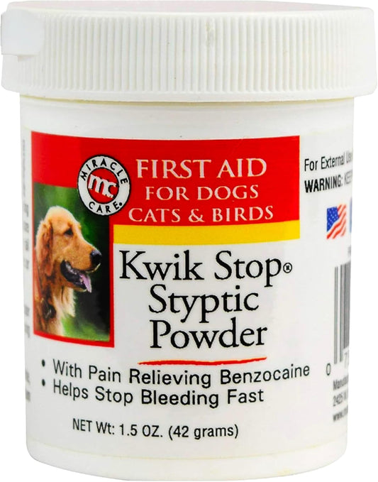 Kwik Stop Styptic Powder for Dogs, Cats and Birds, 1.5 Ounce, Fast-Acting Blood Stop Powder with Pain Relieving Benzocaine