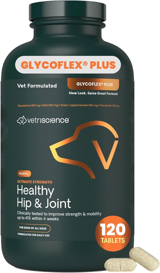 Ultimate Strength Healthy Hip & Joint Chewable Tablets, Glycoflex Glucosamine, Chondroitin and Green-Lipped Mussel Joint Supplement for Dogs, Soothe Joint Discomfort, Chicken, 120 Count